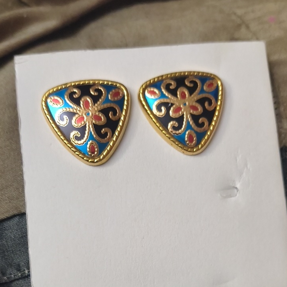 Gold-Tone Blue and Black Floral Enamel Triangle Stud Earrings